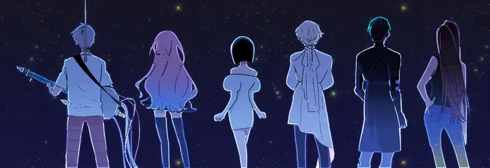 personajes de alien stage de espalda y un cielo estrellado